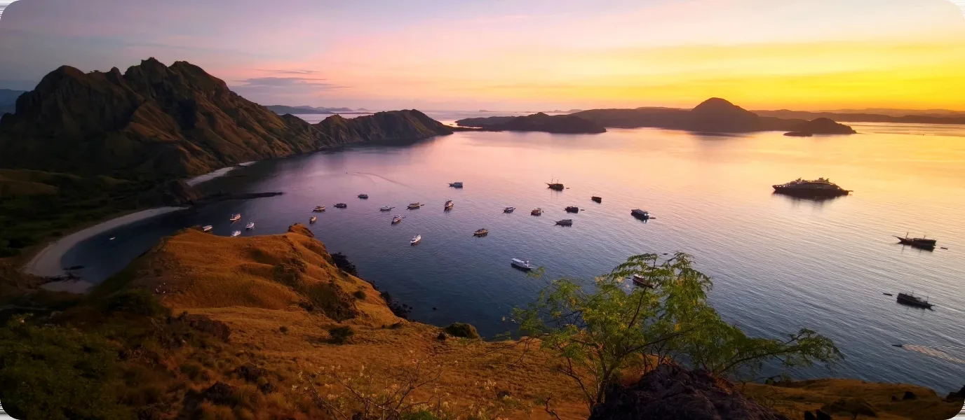 Sunset over the islands and bays of Komodo National Park