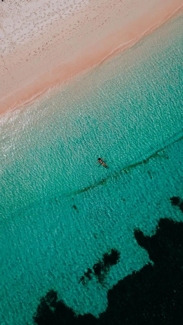 Aerial view of Pink Beach, where pink sand meets clear turquoise sea