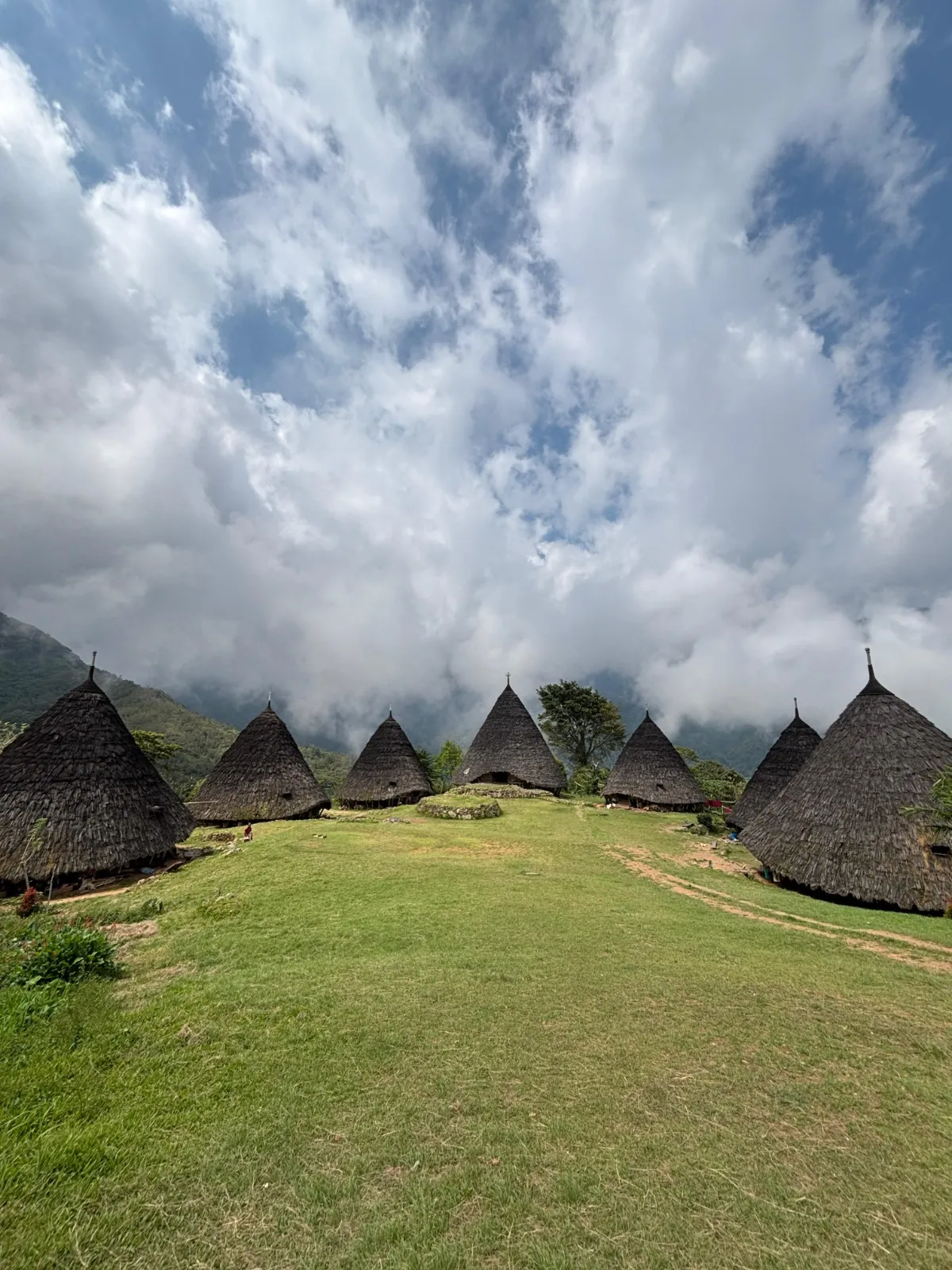 The cone-roofed Mbaru Niang houses of Wae Rebo under a dramatic sky